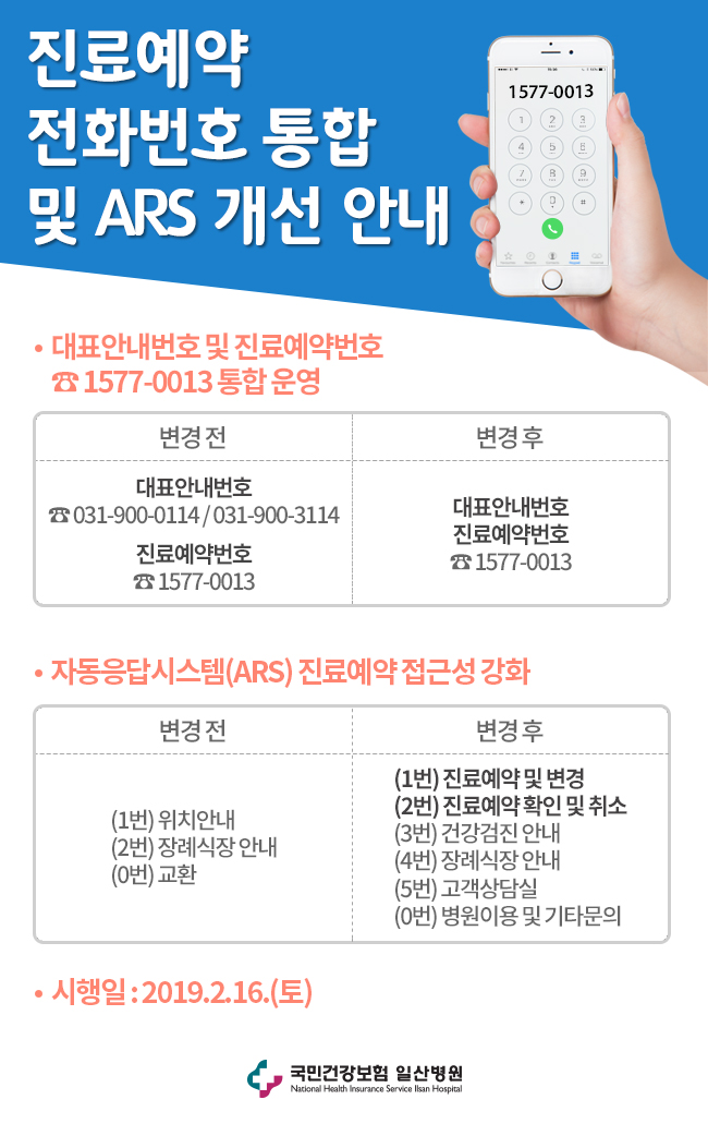 진료예약 전화번호 통합 및 ARS 개선 안내