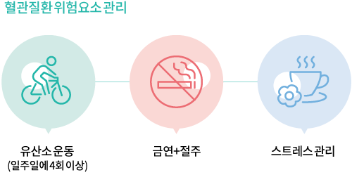 혈관질환 위험요소 관리 | 유산소운동(일주일에 4회 이상) | 금연 + 절주 | 스트레스 관리